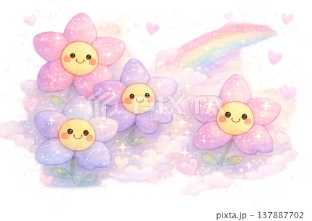 キラキラ輝くスマイルフラワーのメルヘンイラスト キラキラ輝くスマイルフラワーのメルヘンイラスト 137887702