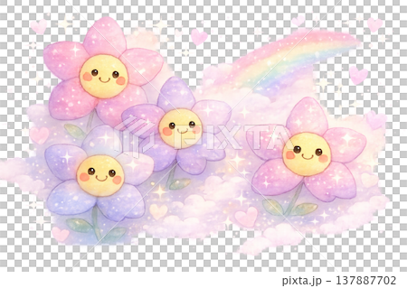 一幅描繪閃閃發光的微笑花朵的童話插圖。 一幅描繪閃閃發光的微笑花朵的童話插圖。 137887702