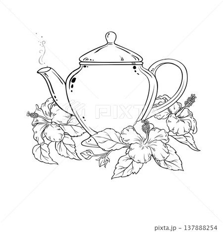 Hibiscus Tea in Teapot Outline Illustration. 137888254