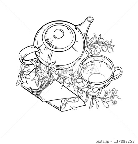 Goji Tea in Teapot Outline Illustration. 137888255