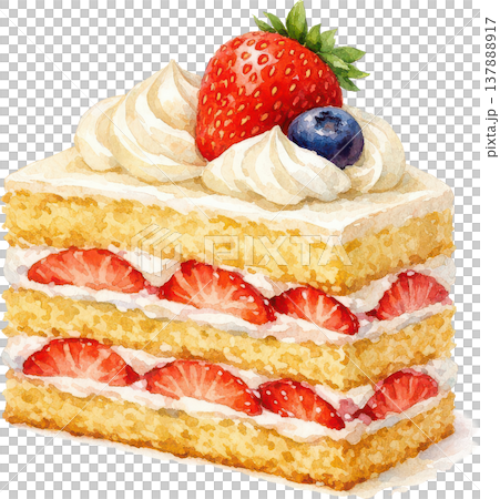 白色背景上，一塊看起來很美味的水彩風格草莓蛋糕切片。 137888917