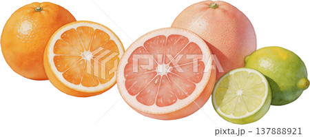 瑞々しい柑橘類：オレンジ、グレープフルーツ、ライムの断面と全体 137888921