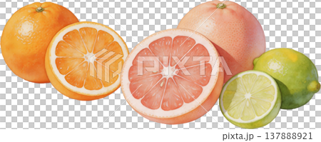 新鮮柑橘類水果：橙子、葡萄柚和青檸的橫截面和整體圖片。 137888921