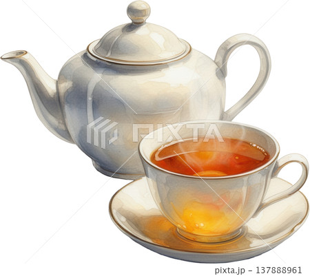湯気の立つ紅茶と白いティーポット、水彩イラスト 137888961
