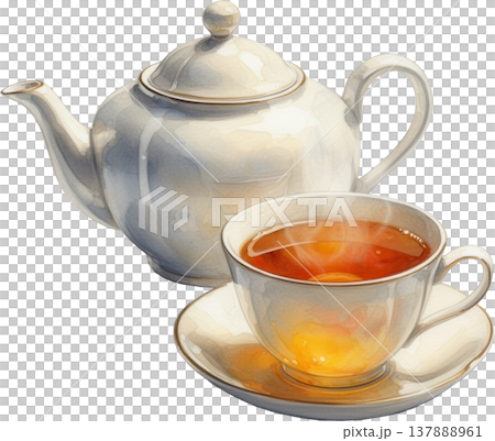 湯気の立つ紅茶と白いティーポット、水彩イラスト 137888961