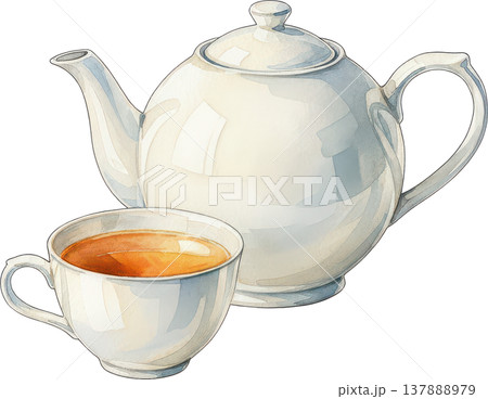 白いティーポットと温かい紅茶のカップ 水彩イラスト 137888979