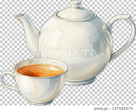 白いティーポットと温かい紅茶のカップ 水彩イラスト 137888979