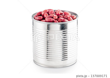 Canned Red Kidney Beans in Open Tin Can on White Background – Isolated Front View of Nutritious Ready-to-Eat Legume Rich in Protein and Fiber. Isolated photograph showcases an open tin can of Canned Red Kidney Beans in Open Tin Can on White Background – Isolated Front View of Nutritious Ready-to-Eat Legume Rich in Protein and Fiber. Isolated photograph showcases an open tin can of 137889171