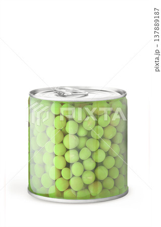 A tin of canned green peas with a key for opening, stylized as a glass jar for displaying the product inside. The image has been modified in a graphic editor by combining a glass and a tin can 137889187
