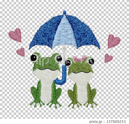 【カエルのカップルと傘】手刺繍イラスト素材 【カエルのカップルと傘】手刺繍イラスト素材 137889253