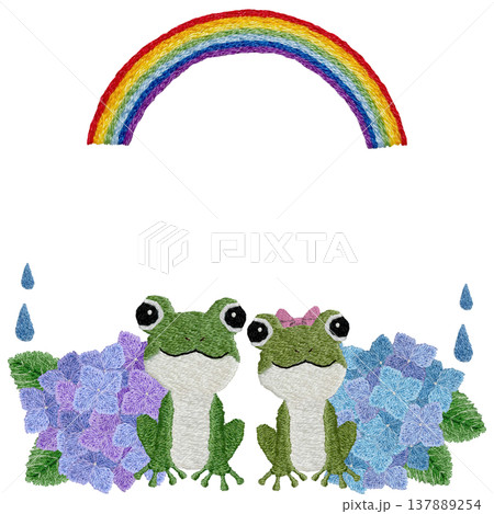 【カエルのカップルと紫陽花と虹のフレーム】手刺繍イラスト素材 【カエルのカップルと紫陽花と虹のフレーム】手刺繍イラスト素材 137889254
