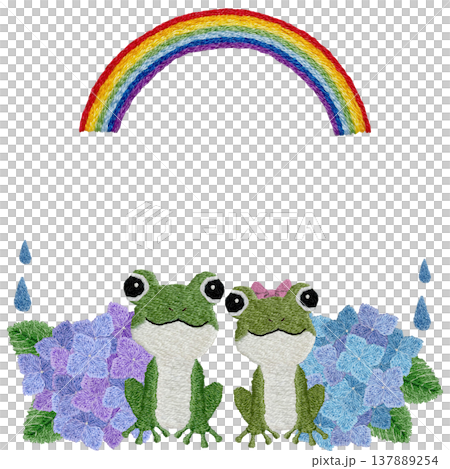 【カエルのカップルと紫陽花と虹のフレーム】手刺繍イラスト素材 【カエルのカップルと紫陽花と虹のフレーム】手刺繍イラスト素材 137889254