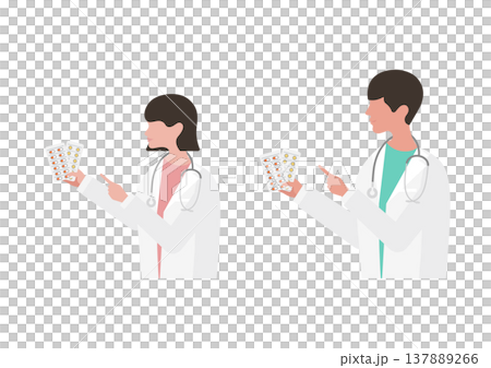 薬の説明をする医師のベクターイラスト素材セット（左向き） 137889266
