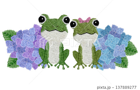 【カエルのカップルと紫陽花】手刺繍イラスト素材 137889277