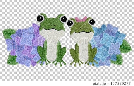 【カエルのカップルと紫陽花】手刺繍イラスト素材 137889277