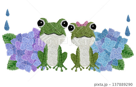 【カエルのカップルと紫陽花】手刺繍イラスト素材 【カエルのカップルと紫陽花】手刺繍イラスト素材 137889290