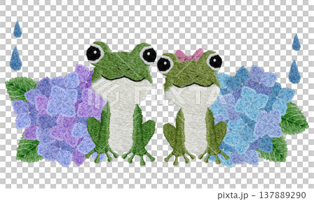 【青蛙夫婦與繡球花】手工刺繡插畫素材 137889290