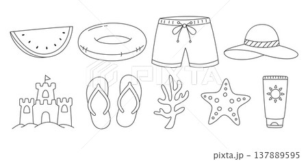Summer beach outline icons and vacation elements in doodle hand drawn style. Summer beach outline icons and vacation elements in doodle hand drawn style. 137889595