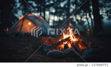 夜のキャンプで揺れる焚き火とぼかしたテント｜コピースペースのあるアウトドア背景 137889751