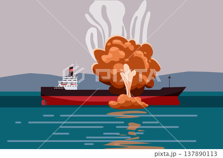 Oil Tanker Explosion at Sea Conflict Maritime Disaster 137890113