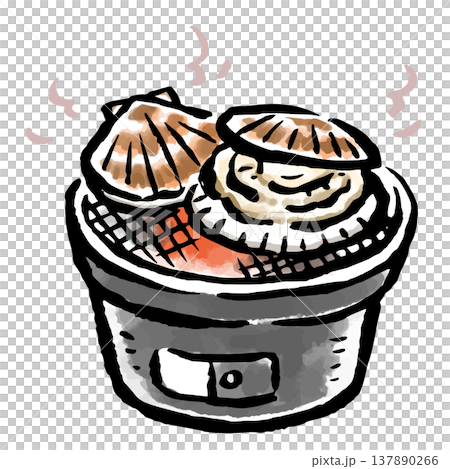 七輪で焼く帆立 筆タッチ手描きイラスト 七輪で焼く帆立 筆タッチ手描きイラスト 137890266