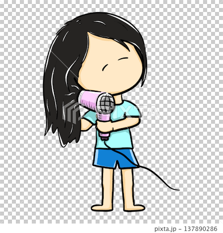 Little girl standing and drying her long hair cartoon illustration 137890286