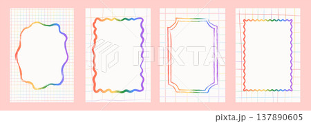 Pastel rainbow pride frame and card set. Retro hand-drawn grid and gradient borders with blank white copy space. Funky aesthetic for invitation templates, cards, social media. Vector illustration. Pastel rainbow pride frame and card set. Retro hand-drawn grid and gradient borders with blank white copy space. Funky aesthetic for invitation templates, cards, social media. Vector illustration. 137890605