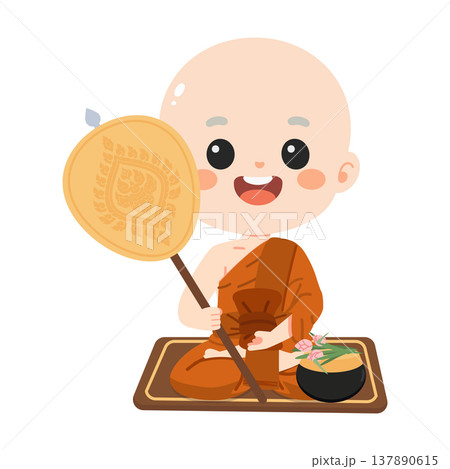 Buddhist Monk Holding Fan and Alms Bowl Buddhist Monk Holding Fan and Alms Bowl 137890615