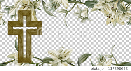 Vintage white lily branches with wooden cross,arranged in a vertical template for religious ceremonies.Soft watercolor with muted tones for First Communion,baptism,wedding or memorial cards 137890658