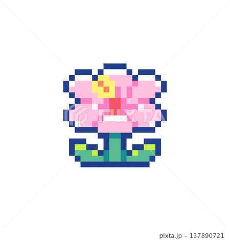 Pixel Art Hibiscus Flower Icon. Retro 8 Bit Pink Tropical Pixel Flower Blossom Vector Illustration for Game Assets, UI, Stickers and Floral Design 137890721