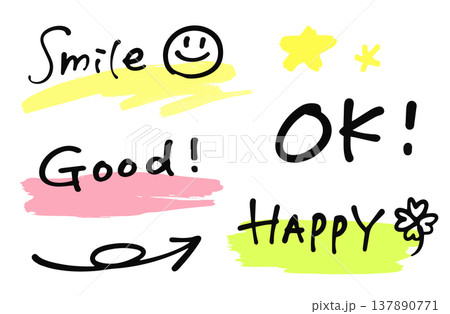 ラインマーカーと英語の手書き文字。Smile、Good、OK、HAPPY。矢印、クローバー、スマイル 137890771