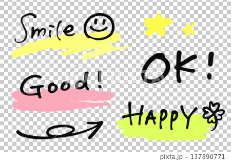ラインマーカーと英語の手書き文字。Smile、Good、OK、HAPPY。矢印、クローバー、スマイル 137890771