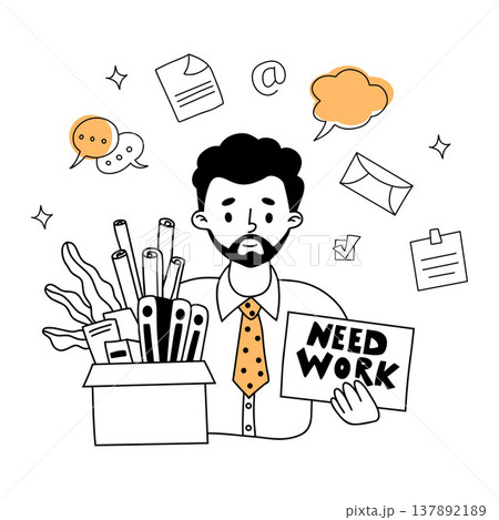 Unemployed Man Holding Box with Office Supplies and Need Work Sign after Layoff. Outline Doodle hand-drawn. Vector illustration 137892189