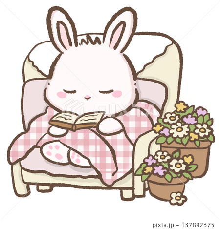 Cute bunny reading book on cozy armchair with blanket and flowers cottagecore reading nook illustration pastel bunny clipart for planners Cute bunny reading book on cozy armchair with blanket and flowers cottagecore reading nook illustration pastel bunny clipart for planners 137892375