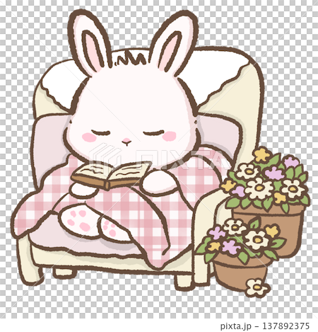 Cute bunny reading book on cozy armchair with blanket and flowers cottagecore reading nook illustration pastel bunny clipart for planners 137892375