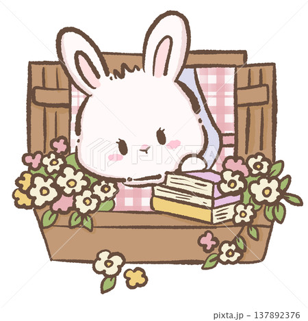 Cute bunny peeking from wooden window with flowers and books cottagecore spring illustration pastel bunny clipart for stickers planners Cute bunny peeking from wooden window with flowers and books cottagecore spring illustration pastel bunny clipart for stickers planners 137892376