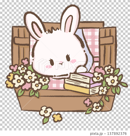 Cute bunny peeking from wooden window with flowers and books cottagecore spring illustration pastel bunny clipart for stickers planners Cute bunny peeking from wooden window with flowers and books cottagecore spring illustration pastel bunny clipart for stickers planners 137892376