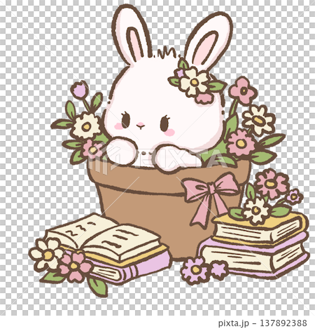 Cute bunny sitting inside flower pot surrounded by books and flowers cottagecore bookish garden illustration pastel bunny clipart for stickers 137892388