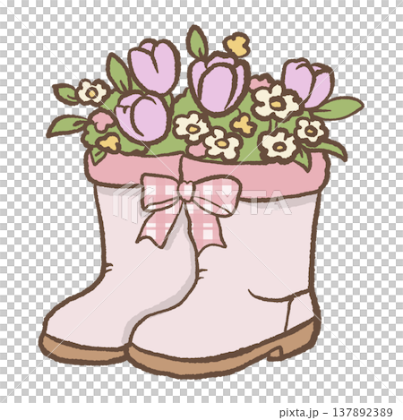 Cute spring rain boots filled with tulips and flowers cottagecore garden illustration pastel floral boot clipart for stickers invitations planners 137892389