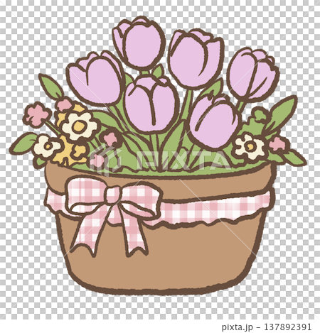 Rustic basket filled with blooming tulips and spring flowers cottagecore garden illustration pastel floral basket clipart for invitations stickers 137892391