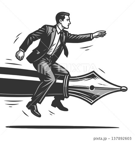 Businessman Riding Giant Fountain Pen raster Businessman Riding Giant Fountain Pen raster 137892603