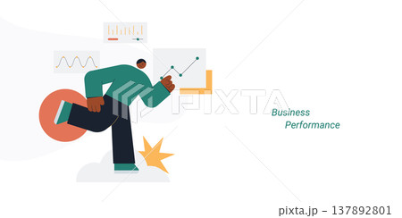 Flat style illustration of a person pointing at an upward growing line chart with data dashboard panels, representing business performance, growth analytics and success concept. Flat style illustration of a person pointing at an upward growing line chart with data dashboard panels, representing business performance, growth analytics and success concept. 137892801