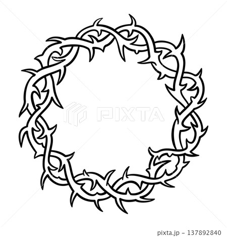 Woven crown of thorns, placed on the head of Jesus, during the events leading up to his crucifixion, as an instrument of the Passion, to cause him pain, and to mock his claim of authority. Vector Woven crown of thorns, placed on the head of Jesus, during the events leading up to his crucifixion, as an instrument of the Passion, to cause him pain, and to mock his claim of authority. Vector 137892840