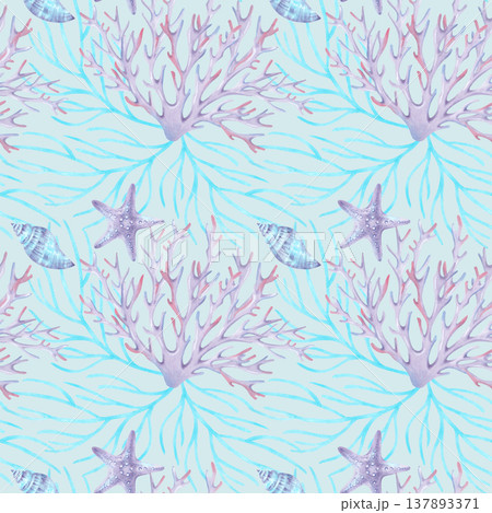 Marine branching coral, starfish and shell. Watercolor illustration. Seamless pattern with underwater animals. Hand drawn illustration. Background for fabric, bedding, children products and swimwear Marine branching coral, starfish and shell. Watercolor illustration. Seamless pattern with underwater animals. Hand drawn illustration. Background for fabric, bedding, children products and swimwear 137893371