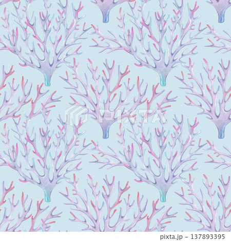 Seamless marine pattern with branched coral. Watercolor illustrations. Sea reefs and underwater animals. Hand drawn background. The marine theme is perfect for decorating natural or underwater scenes Seamless marine pattern with branched coral. Watercolor illustrations. Sea reefs and underwater animals. Hand drawn background. The marine theme is perfect for decorating natural or underwater scenes 137893395