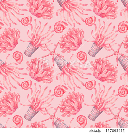 Seamless pattern with corals, shells and starfish. Watercolor illustration. Isolated peach background, hand drawn. Marine underwater animals for textiles, wallpaper, summer clothing and fabrics Seamless pattern with corals, shells and starfish. Watercolor illustration. Isolated peach background, hand drawn. Marine underwater animals for textiles, wallpaper, summer clothing and fabrics 137893415