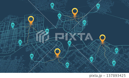 An abstract navigation plan highlights POI including city streets, blocks. City map featuring directional signs, an intended goal point, and multiple markers. Editable vector illustration An abstract navigation plan highlights POI including city streets, blocks. City map featuring directional signs, an intended goal point, and multiple markers. Editable vector illustration 137893425