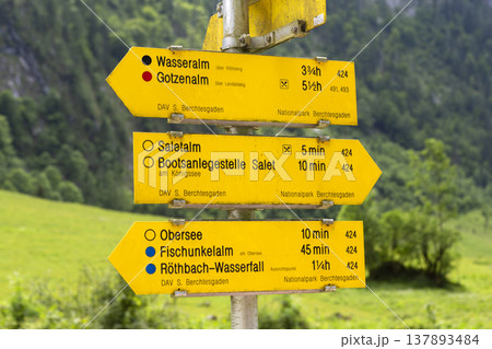 Signposts at lake Obersee, lake Konigssee, in the Berchtesgaden Alps, Bavaria, Germany 137893484