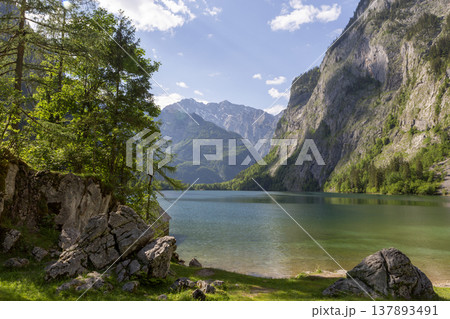 Picturesque view of lake Obersee, lake Konigssee, in the Berchtesgaden Alps, Bavaria, Germany Picturesque view of lake Obersee, lake Konigssee, in the Berchtesgaden Alps, Bavaria, Germany 137893491