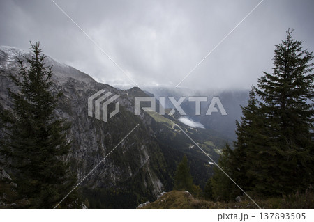Panoramic view from Kehlstein mountain towards lake Konigssee in autumn, Bavaria, Germany 137893505